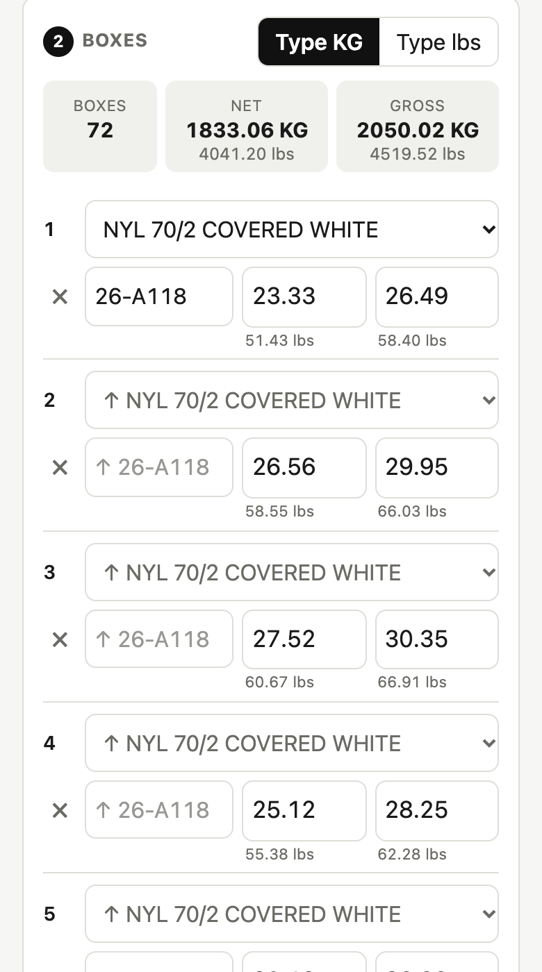 PackTally on a phone: packing list PL 1003 with 72 boxes, net and gross totals in KG and lbs, and each box's product, lot and weights