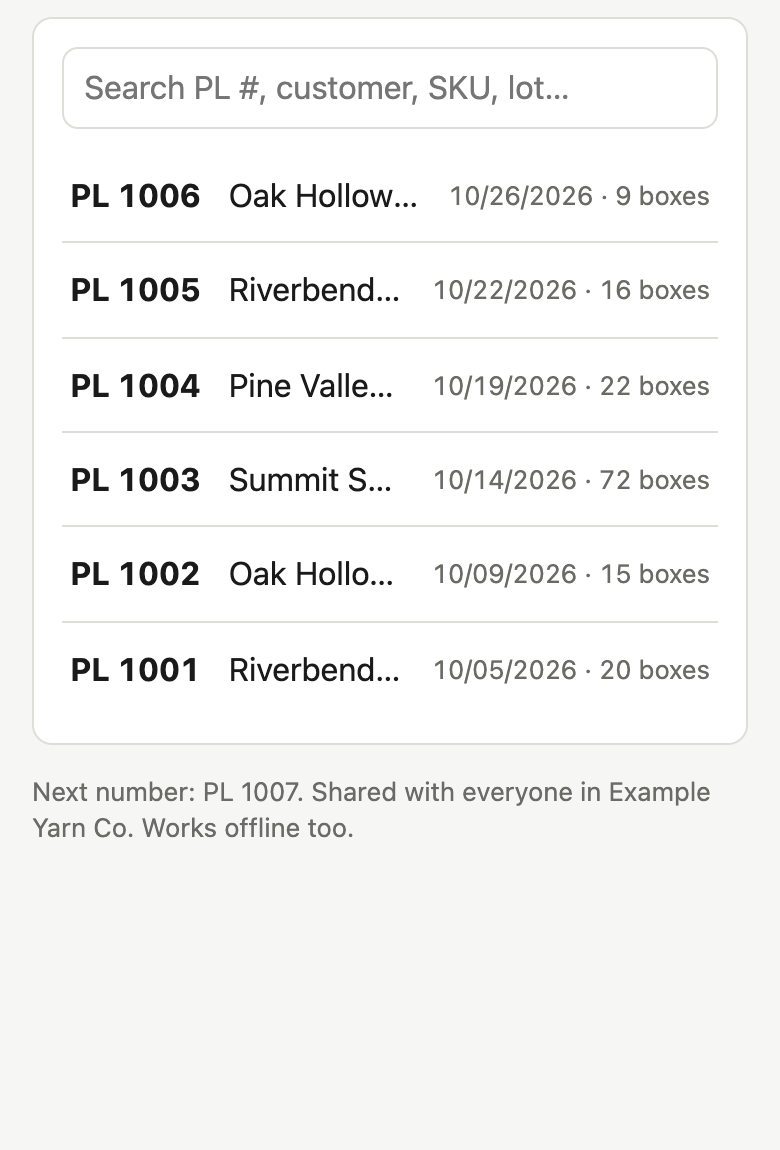 List of packing lists PL 1001 to PL 1006 with customers, dates and box counts