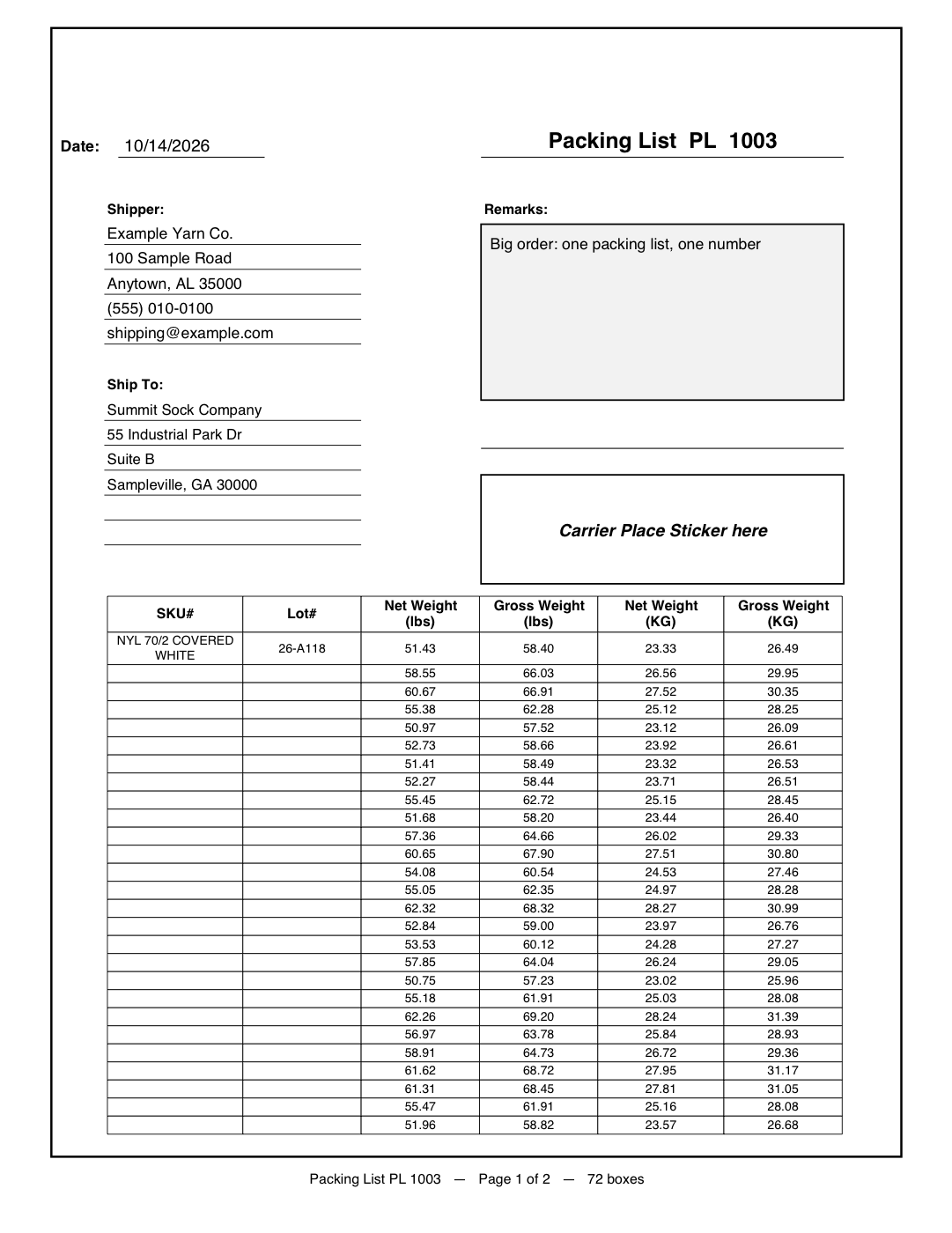 PDF packing list PL 1003: shipper, ship to, remarks, carrier sticker box, and a table of 72 boxes with net and gross weights in lbs and KG